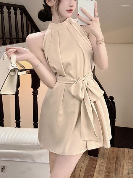 Casual Kleider Französisch Elegante Feste Spitze-up Bogen Design Midi Kleid Frau Fee Einteilige Korea Mode 2023 Sommer ärmellose Party