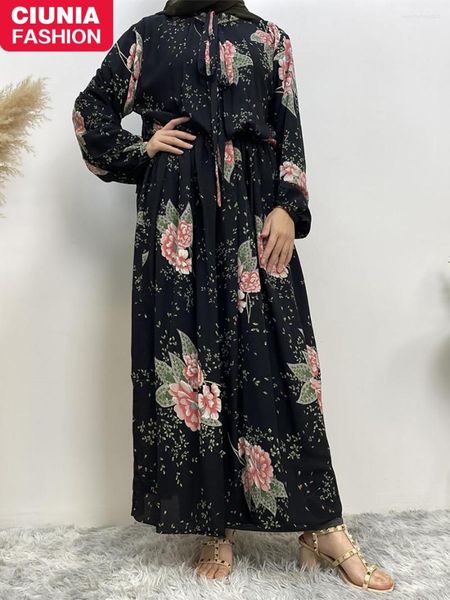 Roupa étnica Ramadan Abaya Para Mulheres Chiffon Estampado Muçulmano Vestido Dubai Modest Robe Islâmico Elegante Verão Peru Vestidos Longos