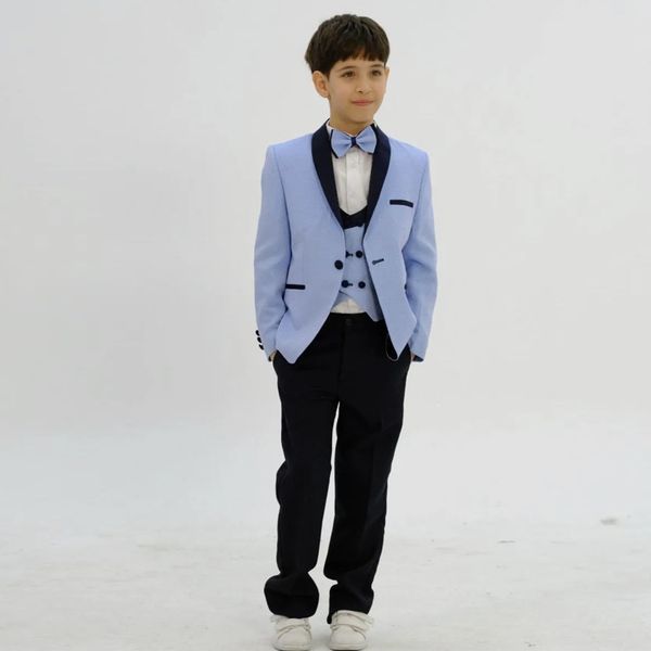 Azul celeste 3 peças smoking masculino para casamento com lapela rasa de um botão para adolescente roupa formal slim fit blazer para festa de aniversário infantil (jaqueta + colete + calça + gravata borboleta)