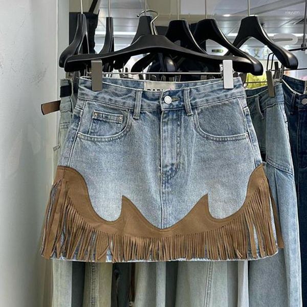 Röcke Vintage Y2K Quasten Denim Mini Frauen Sommer Hohe Taille Taschen Patchwork Jeans Damen Jupe Femme