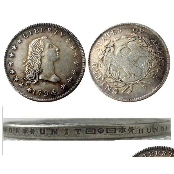 Arti e mestieri Monete degli Stati Uniti 1794 Capelli fluenti Ottone Placcato argento Dollaro Lettera Bordo Liscio Promozione Prezzo di fabbrica Bella casa Dh74G