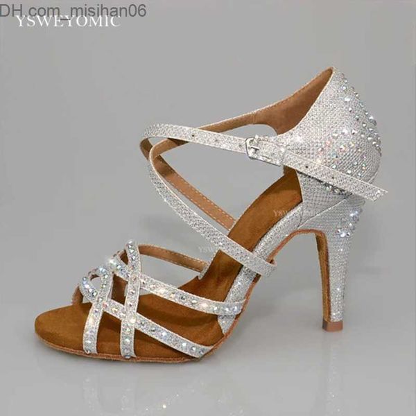 Elbise Ayakkabı Rhinestone Latin Balo Salonu Dans Ayakkabı Yüksek Topuklu 3 İnç Gümüş Siyah Glitter Kristal Salsabacata Latin Kadın Dans Ayakkabıları Z230712