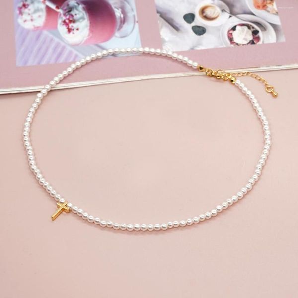Ketten YASTYT Imitation Perle Perle Choker Boho Halsketten Für Frauen Goldene Kreuz Kette Schmuck Geschenk Kraft des Glaubens