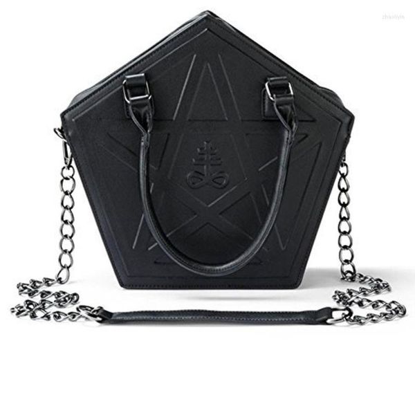 Abendtaschen JIEROTYX Pentagram Punk Darkness Gothic Star Handtasche Frauen Mädchen Schwarz PU Weiches Leder Umhängetasche mit Kette Hohe Qualität