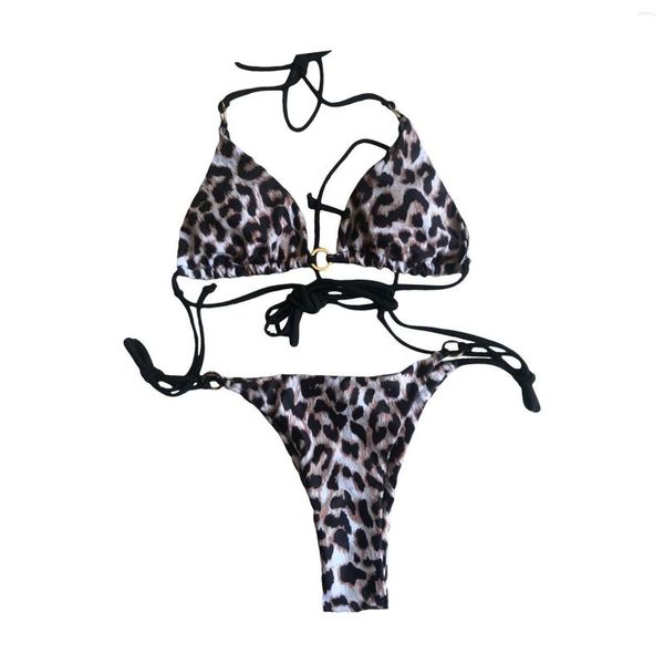 Roupa de banho feminina sexy micro mini tanga conjunto de biquíni com estampa de leopardo maiô feminino verão bandagem natação maiô duas peças