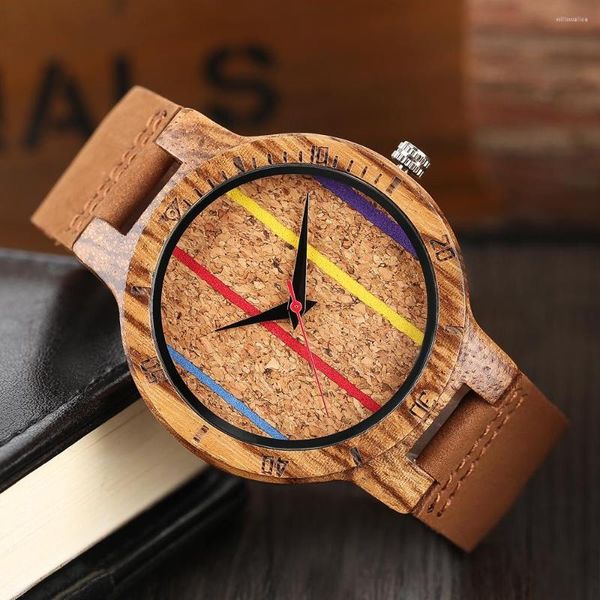 Orologi da polso Orologio da polso al quarzo in legno di zebra Linea a strisce colorate Quadrante minimalista Orologi da uomo in legno Orologio con cinturino in pelle marrone alla moda