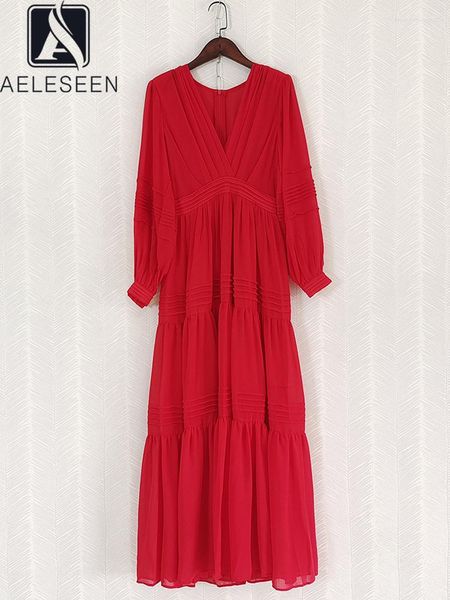 Sıradan elbiseler aeleseen tasarımcı fashon maxi elbise bahar yaz fener kolu v yaka kırmızı beyaz pileli fırfırlar zarif uzun parti tatil