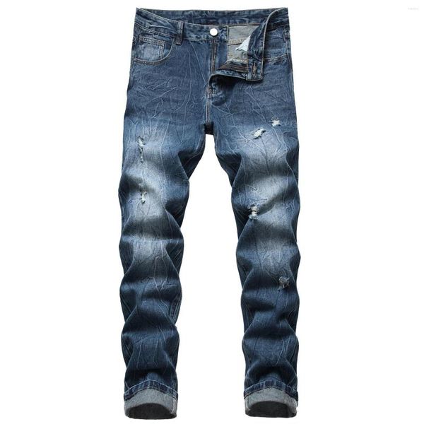 Jeans da uomo Casual Trend Beggar Strappato Distress Straight Slim Pantaloni in denim con piega non elasticizzata