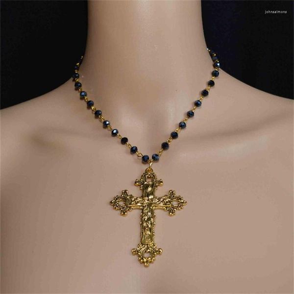 Collane con ciondolo Gotico Grande croce dettagliata Collana girocollo in cristallo nero Perla Crocifisso Rosario 2023 Dichiarazione di fascino di moda Gioielli da donna