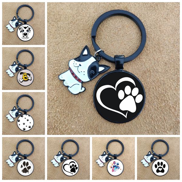 Cute Paw Print Pet Footprints Cani Cabochon in vetro Portachiavi Borsa Car Portachiavi Charms Portachiavi Uomo Donna Regali