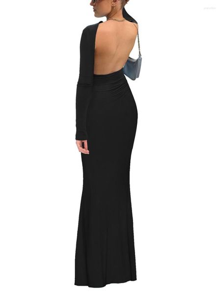 Lässige Kleider für Damen, langärmelig, sexy, rückenfrei, Fischschwanz-Saum, einfarbig, figurbetont, Party-Club-Kleid, Streetwear (Grau S)