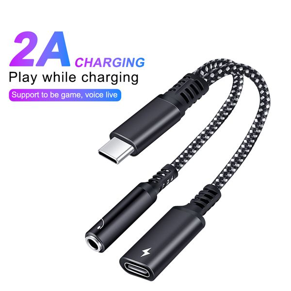 Adattatore jack per cuffie da 2 in 1 da USB C a 3,5 mm Tipo C Carica adattatore audio Aux per iPad Pro Samsung S20 Ultra Note 20 10 Adattatore audio Huawei