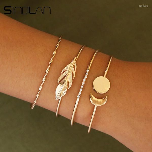 Charm Armbänder Sindlan 4PCs Set Offener Mund Gold Farbe Blatt Sonne Mond Armreifen Einfache Kristall Handgelenk Kette Boho Für Frauen