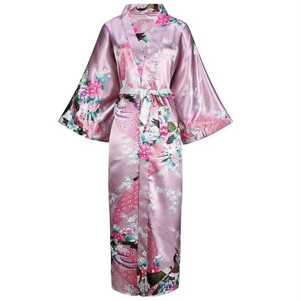 Estilo Longo Solto Japonês Cetim Pavão Mulher Vestido Yukata Roupa de Dormir Oriental Kimono Haori Chinês Qipao Camisola Robe230w