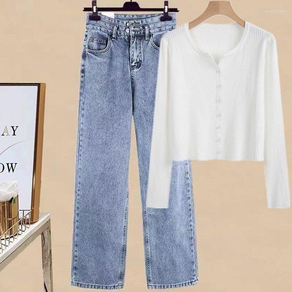 Kadınlar İki Parçalı Pantolon 2023 Single / Set Kadın Bahar Tembel Stil Örme Sweater Skinny Jeans iki parçalı Y2K Kore Modası