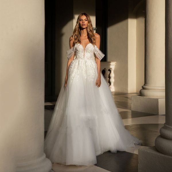 Chic con spalle scoperte Boho Abiti a trapezio Applicazioni in pizzo Abito da sposa estivo Layere Gonna in tulle Abito da sposa da spiaggia 326 326