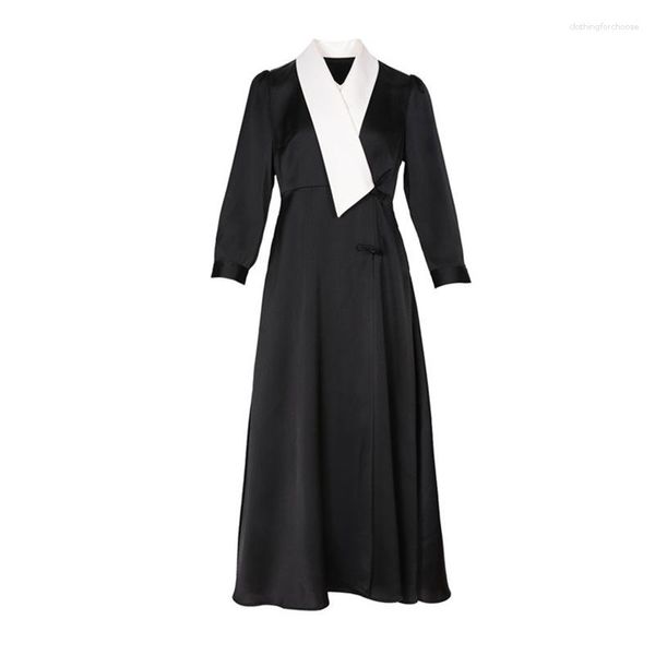 Vestidos casuais Marca de alta qualidade Vestido chinês 2023 Primavera Feminino Gola entalhada Preto Branco Cor Bloco Manga Comprida Meia da panturrilha Vintage