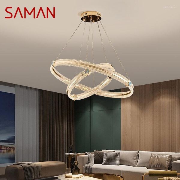 Lustres SAMAN Lustre Nórdico Led 3 Cores Luz Criativa Anel de Luxo Pingente Luminária Casa Sala de Jantar Sala de Jantar Luminárias