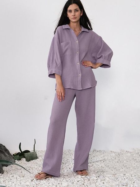 Pantaloni a due pezzi da donna 2023 Pigiama estivo in cotone Camicia monopetto allentata da donna Set gamba dritta Casual Ladies Homewear