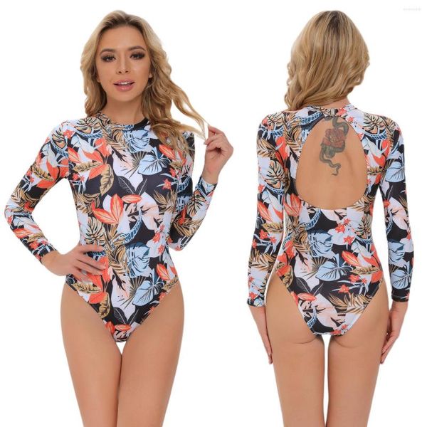 Roupa de banho feminina maiô de peça única feminina 2023 floral manga longa feminina com recorte para surfe roupa de praia sem costas para banho