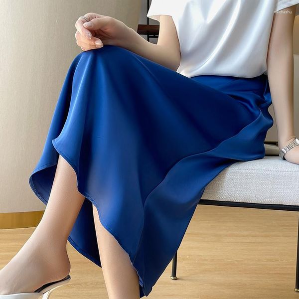 Saias Femininas Elegante Seda Cetim Midi Saia Qualidade Cintura Alta Longa Para Mulheres Outono Estilo Coreano Enrole Uma Linha Maxi