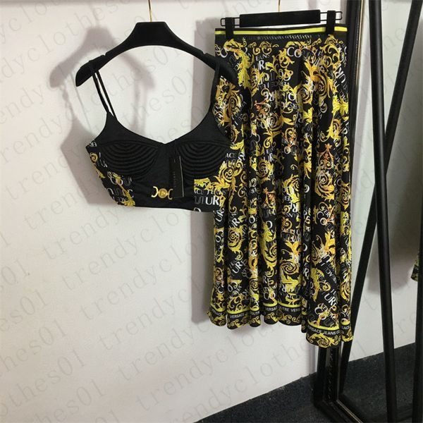 Sexy 2-teiliges Damen-Kleid-Set, Designer-Trainingsanzug, bedruckt, Leapard-Buchstabe, Damen-Sommermode, Crop-Tanktops mit Maxi-Faltenrüschenröcken, Damenkleidung