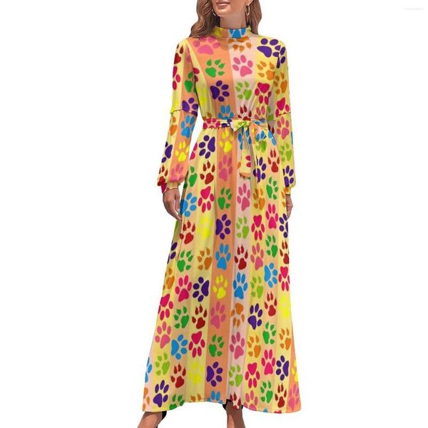 Lässige Kleider, buntes Hundepfoten-Kleid, gestreifter Druck, Strand, Damen, langärmelig, Stehkragen, Vintage-Maxi