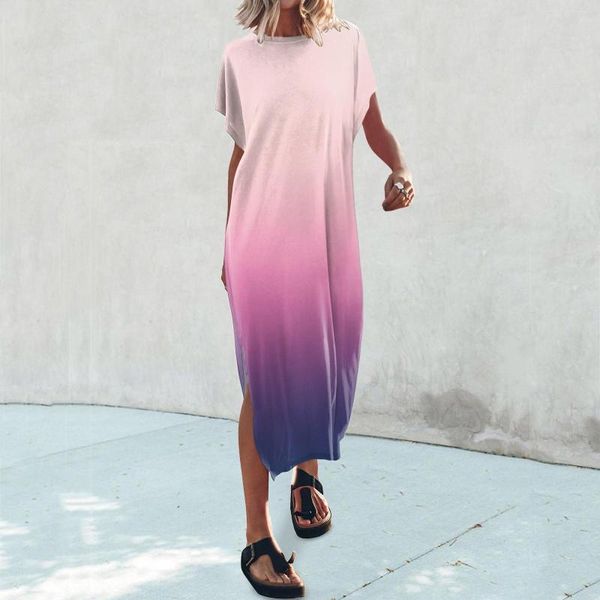 Casual Kleider Sommer T-shirt Maxi Kleid Batwing Hülse Crewneck Lose Schlitz Seite Lange Strand Sexy Midi Für Damen Vestidos