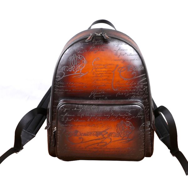 Berluti Mochila de mão Pele de bezerro Tatuagem de alta qualidade Texturas gravadas Método antigo Cores coloridas à mão Pacote de infantaria de rolo de mochila personalizável