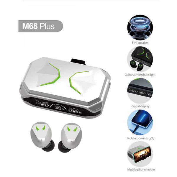 M68 Plus Wireless Gaming Earphone True Wireless Stereo Earbud BT 5.3 Auricolare con microfono LED Atmosphere Light 1200mAh supporto per telefono