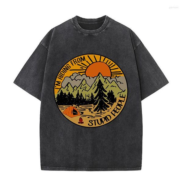 Herren-T-Shirts, Motiv: Ich verstecke mich vor dummen Leuten, Camping-Landschaftshemd, Herrenmode, lockeres Sommer-Unisex-T-Shirt aus Baumwolle, Oversize-T-Shirt