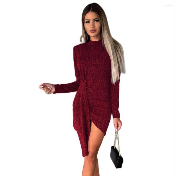 Vestidos Casuais Primavera Outono Moda Feminina Manga Comprida Vestido Prateado Brilhante Wrap Quadril Mini Saia Escritório Roupas Femininas Presente de Festa