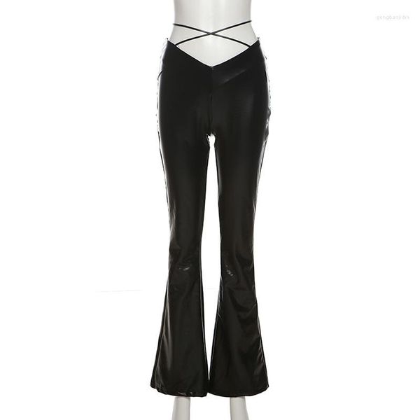 Pantaloni da donna Fasciatura in ecopelle sintetica da donna con lacci Sexy fondo a campana luminoso Pantaloni svasati elasticizzati femminili Boot Cut Streetwear nero