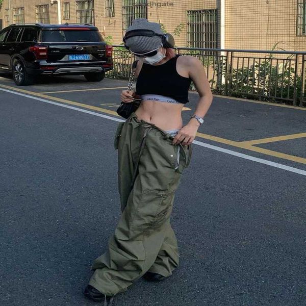 Erkekler houzhou ordusu yeşil alçak pantolonlar kadın siber y2k vintage cepler kargo pantolonları büyük boy geniş bacak joggers sinirli stil 230324 t90y