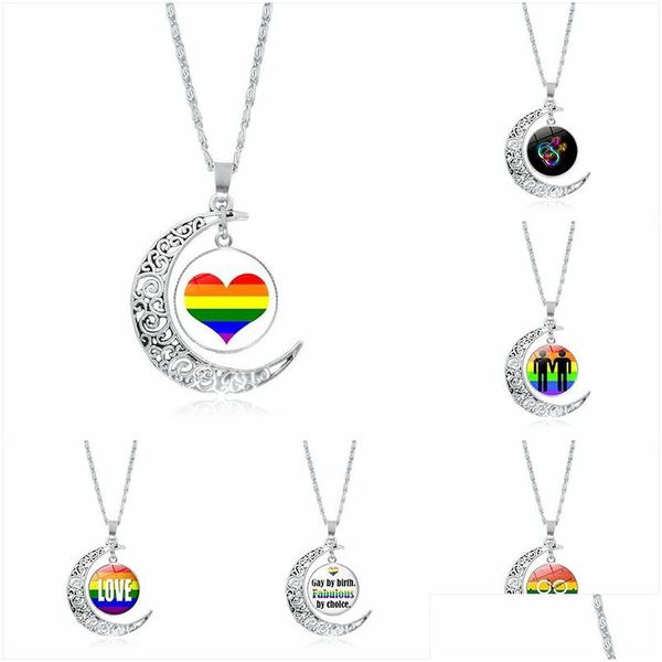 Colares com pingente novo arco-íris lgbt orgulho gay colar de lua para mulheres homens amor vidro cabochão cadeias moda joias presente gota entrega dhizp