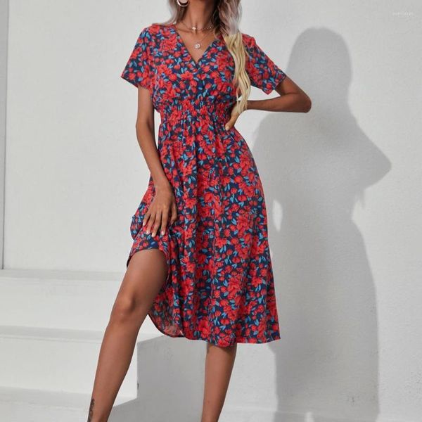 Vestidos Casuais Feminino Vestido Midi Estampado Flor Decote em V Manga Curta Verão Cintura Alta Justa Vintage Bainha Solta Senhora Namoro Festa