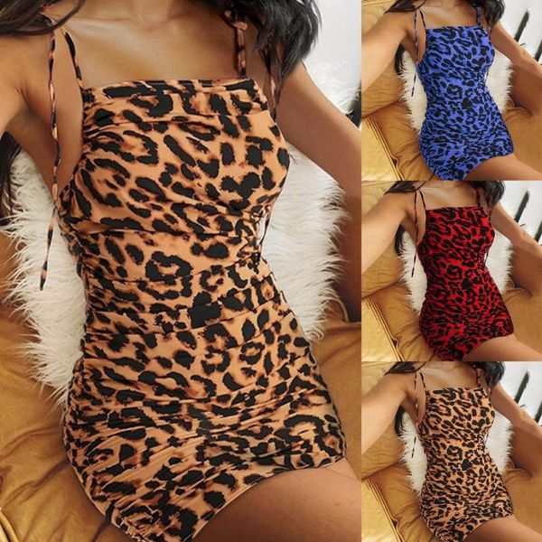 Gonne Pieghettato Fionda Aderente Vestito Dalla Fasciatura Delle Donne Della Stampa Del Leopardo Vestiti Da Partito Sexy 2023 Raso Senza Spalline Spiaggia di Estate Vestidos