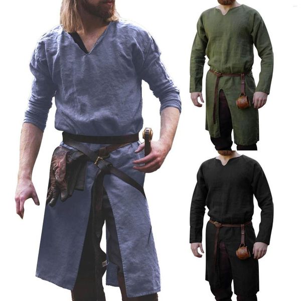 Camisetas masculinas medieval gótica retrô cor sólida comprimento médio linho de algodão camisa de manga comprida