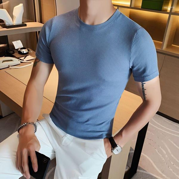 Magliette da uomo Estate Coreano Fit Solido Girocollo T-shirt manica corta Moda Waffle Pattern Stretto Elastico Underlay Uomo Top Abbigliamento