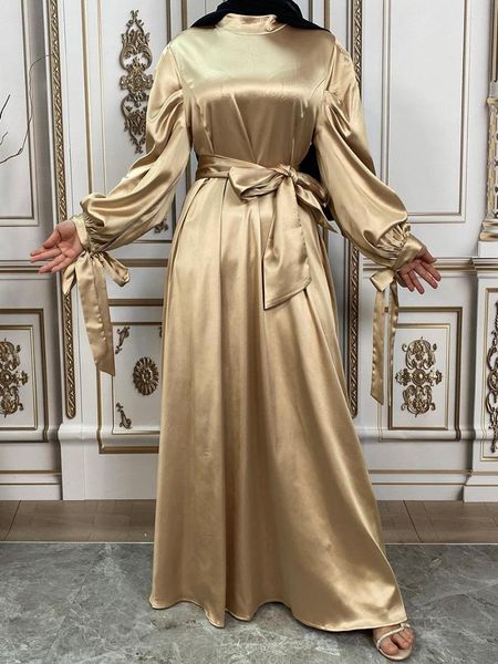 Ethnische Kleidung Ramadan Eid Glänzend Seidig Djellaba Muslim Kleid Dubai Mode Zurück Reißverschluss Abaya Roben Islam Robe mit Gürtel WY1270