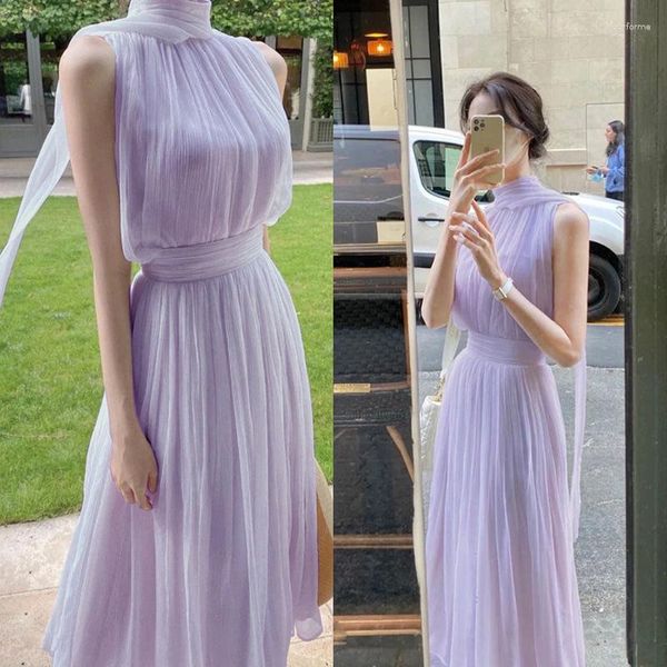 Vestidos casuais chiffon coreano elegante vestido roxo primavera verão suave saia longa gola alta sem mangas moda sexy