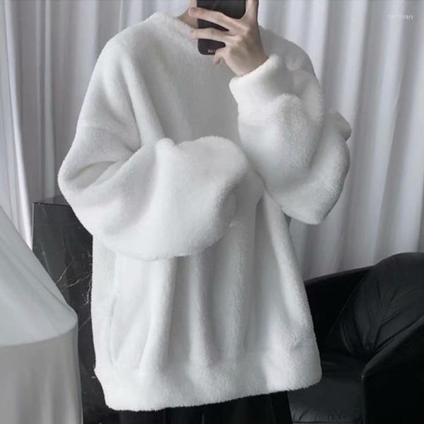 Erkek Hoodies Büyük Sweatshirt Düz Renk Kuzu Saç O-Yığın Uzun Kollu Kore Moda Gevşek Sokak Giyim Harajuku
