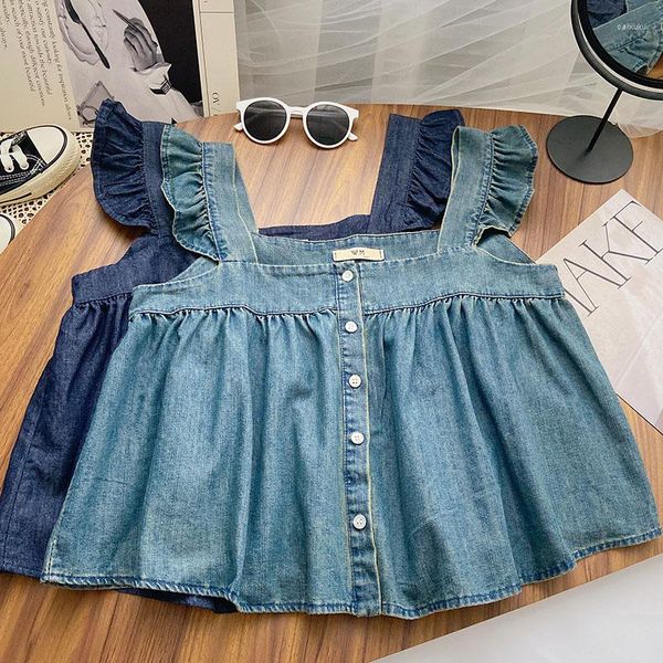 Damenblusen, Denim-Rüschen für Frauen, ärmellose Jeans, plissiert, quadratischer Kragen, Knopfleiste, Femme, Korsett, bauchfreies Tanktop, dünne Unterhemden