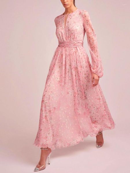 Abiti casual Abito da donna 2023 Chiffon Pink Floral Collection Vita a maniche lunghe