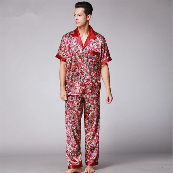 Herren Paisley Seide Pyjama Set Sommer Kurzarm Satin Nachtwäsche Männlich Plus Größe Lose Morgenmantel Nachthemd302b