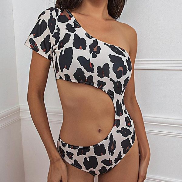Kadın Mayo Seksi Mayo Takım Yastıklı Leopar Baskı Tek Omuz Tasarım Bikini Set Yaz Malzemeleri