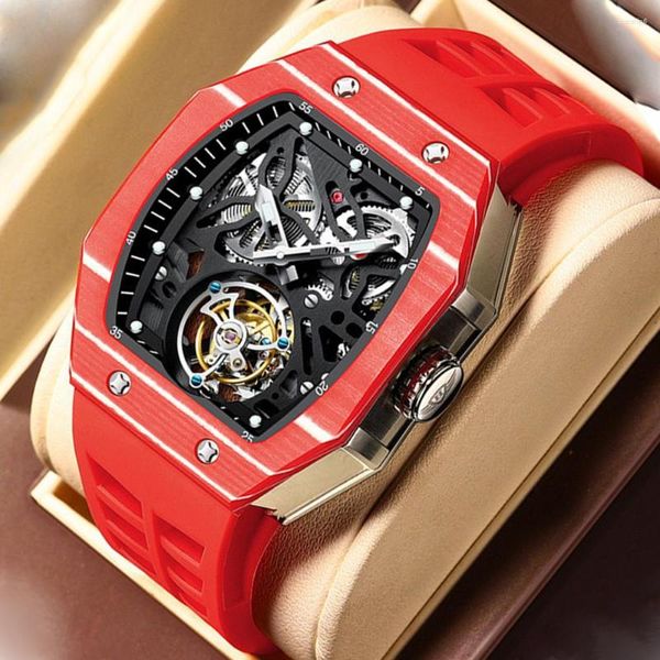 Нарученные часы Aesop Trending Square Flying Tourbillon Watch Carbon Fiber Bezel Механические мужчины смотрят высококачественные скелеты красные мужские часы