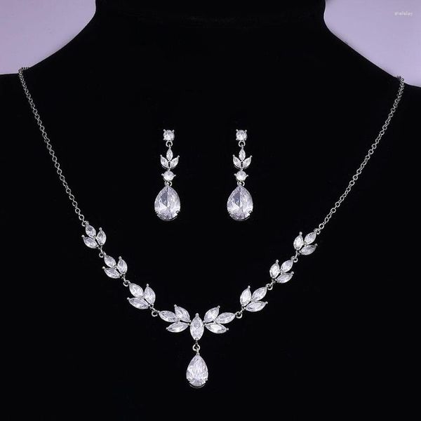 Conjunto de colar de brincos cor prata cristal nupcial para mulheres vestido de noiva noiva