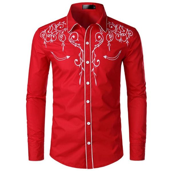 Camisas casuais masculinas Outono moda camisa bordada estilo ocidental americano ajuste fino gola virada para baixo manga longa