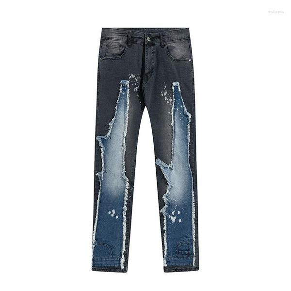 Jeans masculino patchwork design fino calças de brim fit splice cor pés pequenos para homens